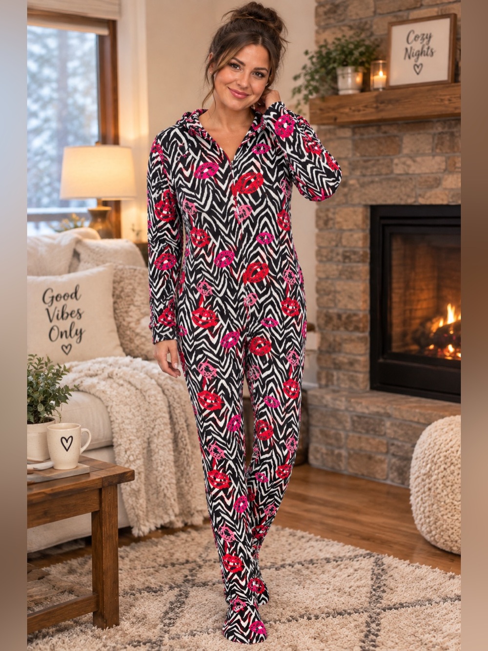 Y2K Joe Boxer Animal Lip Kiss Print Fleece Footed Zip up pajamas Medium